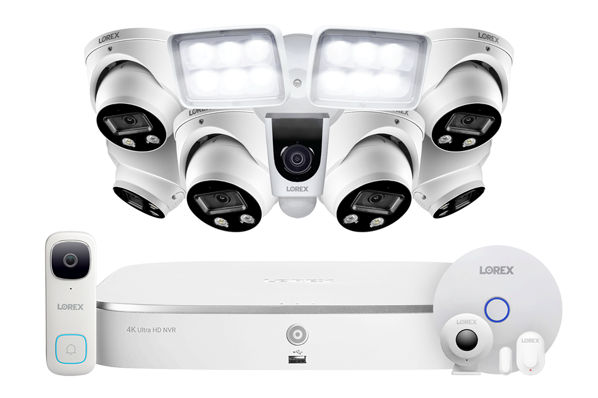 8-Channel NVR Fusion System with Six 4K Smart Deterrence IP Dome Security Cameras, 2K Wi-Fi Video Doorbell, Wi-Fi Floodlight Camera and Smart Sensor Starter Kit