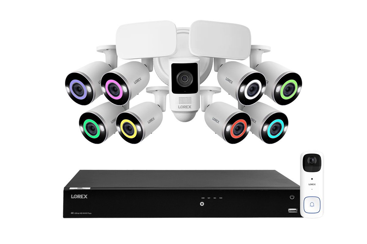 Lorex Fusion Series 4K 16 Camera Capable (Wired or Fusion Wi-Fi) 4TB Wired NVR System with Eight H14 IP Bullet Cameras, One 2K Battery-Operated Doorbell, and One 2K Outdoor Floodlight
