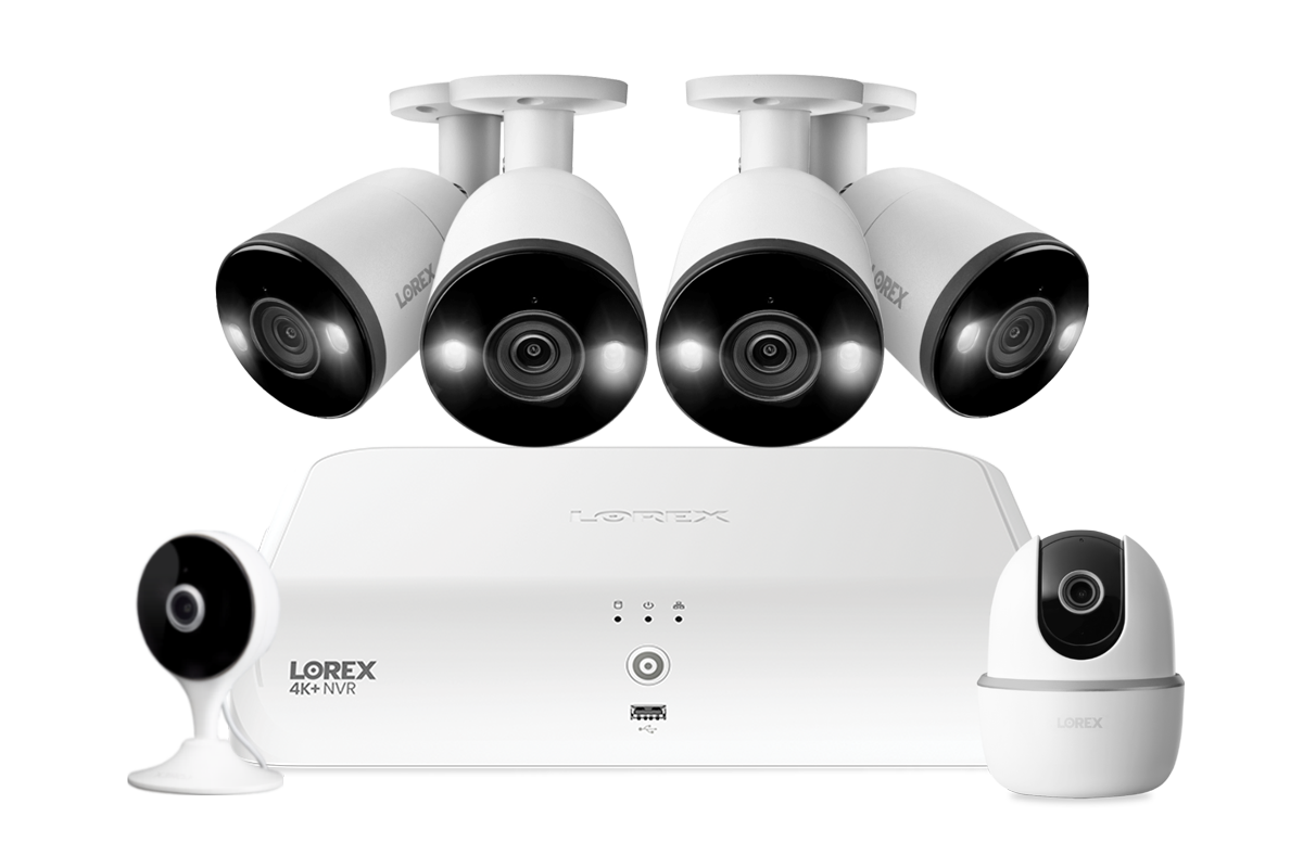 Lorex Fusion 4K+ 16 Channel (8 Wired + 8 Fusion Wi-Fi) 2TB NVR System with Four H13 Wired 4K IP Bullet Cameras, One 2K Pan-Tilt Camera, and One 2K Indoor Wi-Fi Camera
