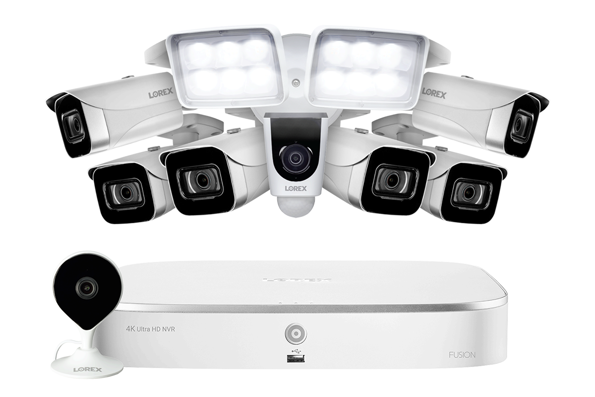 8-Channel NVR Fusion System with Six 4K (8MP) IP Cameras, HD Smart Indoor Wi-Fi Security Camera and Wi-Fi Floodlight Camera