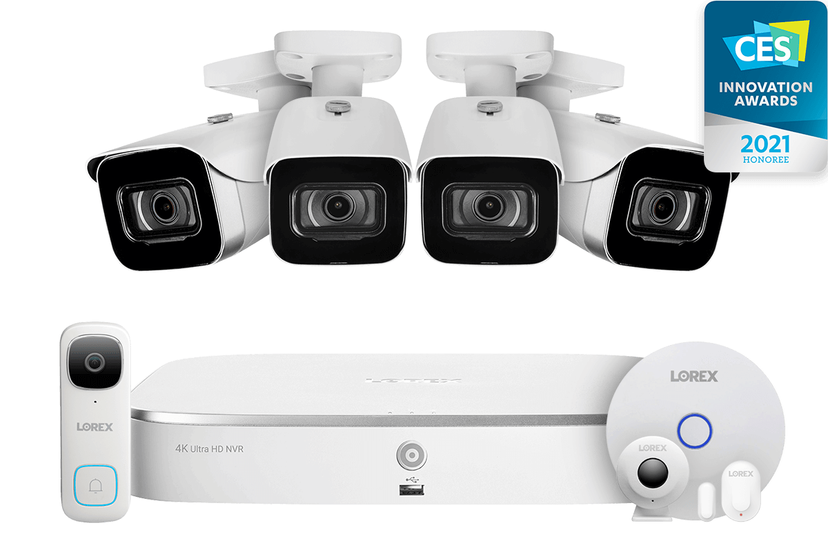 8-Channel NVR Fusion System with Four 4K (8MP) IP Cameras, 2K Wi-Fi Video Doorbell, and Smart Sensor Starter Kit