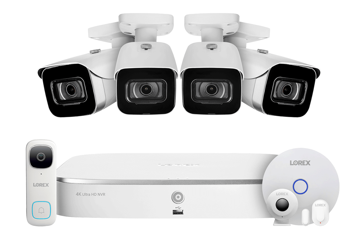 8-Channel NVR Fusion System with Four 4K (8MP) IP Cameras, 2K Wi-Fi Video Doorbell, and Smart Sensor Starter Kit