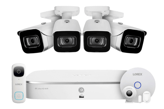 8-Channel NVR Fusion System with Four 4K (8MP) IP Cameras, 2K Wi-Fi Video Doorbell, and Smart Sensor Starter Kit