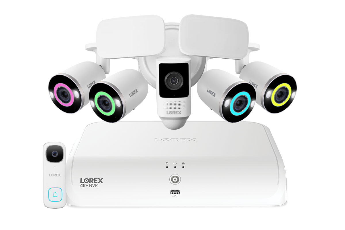 Lorex Fusion 4K+ 16 Channel (8 Wired + 8 Fusion Wi-Fi) 2TB NVR System with Four H16 Wired 4K IP Bullet Cameras, One 2K Wired Doorbell, and One 2K Floodlight