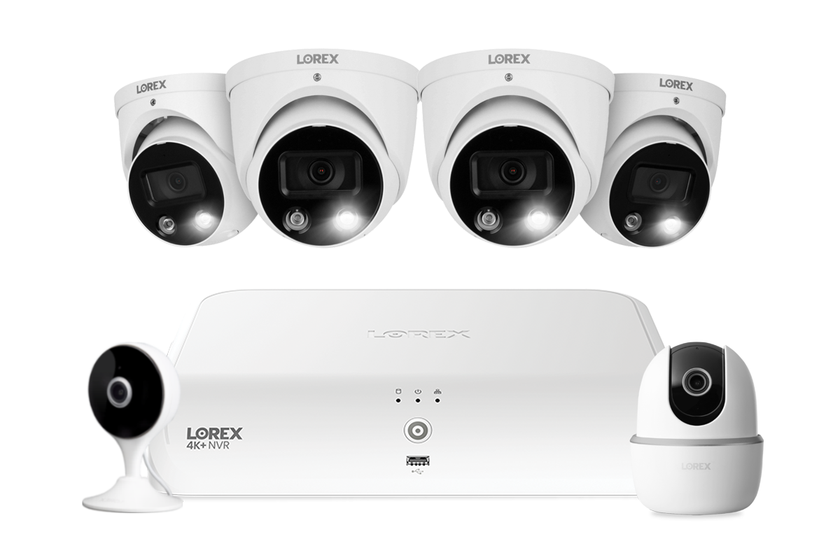 Lorex Fusion 4K+ 16 Channel (8 Wired + 8 Fusion Wi-Fi) 2TB NVR System with Four H13 Wired 4K IP Dome Cameras, One 2K Pan-Tilt Camera, and One 2K Indoor Wi-Fi Camera