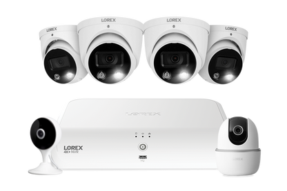Lorex Fusion 4K+ 16 Channel (8 Wired + 8 Fusion Wi-Fi) 2TB NVR System with Four H13 Wired 4K IP Dome Cameras, One 2K Pan-Tilt Camera, and One 2K Indoor Wi-Fi Camera